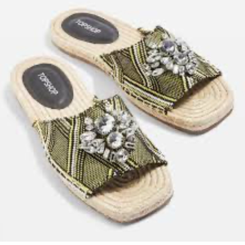 🆕 Topshop Sz 8.5 Women’s Espadriles Slides with Clear Rhinestones